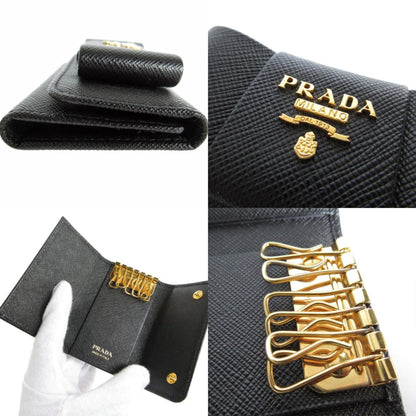 Prada Key Case Ribbon Leather Metal Black Gold