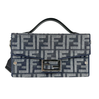 Fendi Shoulder Bag Handbag Baguette Soft Trunk Canvas Navy Silver