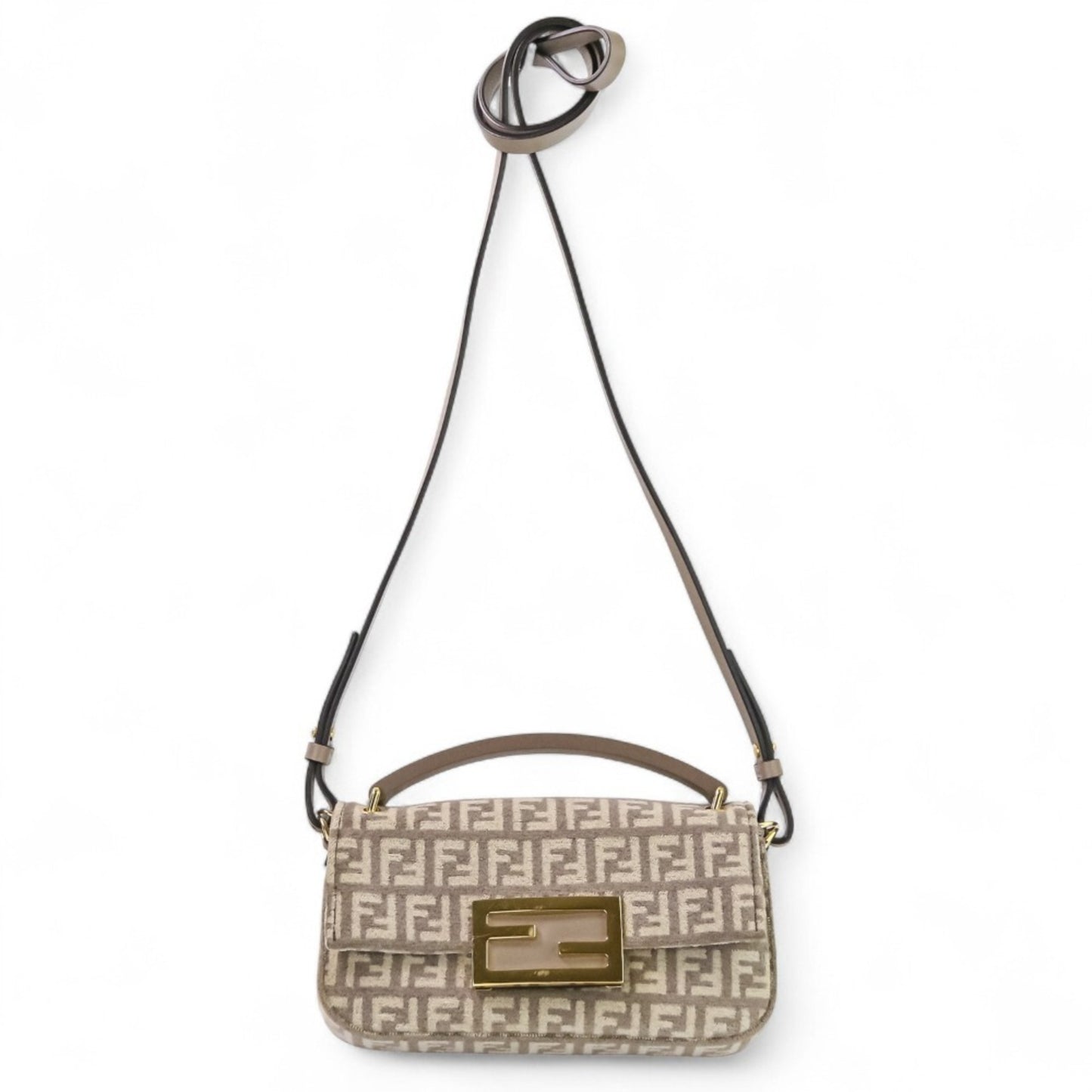 Fendi Zucca Baguette Tapestry Fabric Phone Pouch Shoulder Bag 7As142 Greige