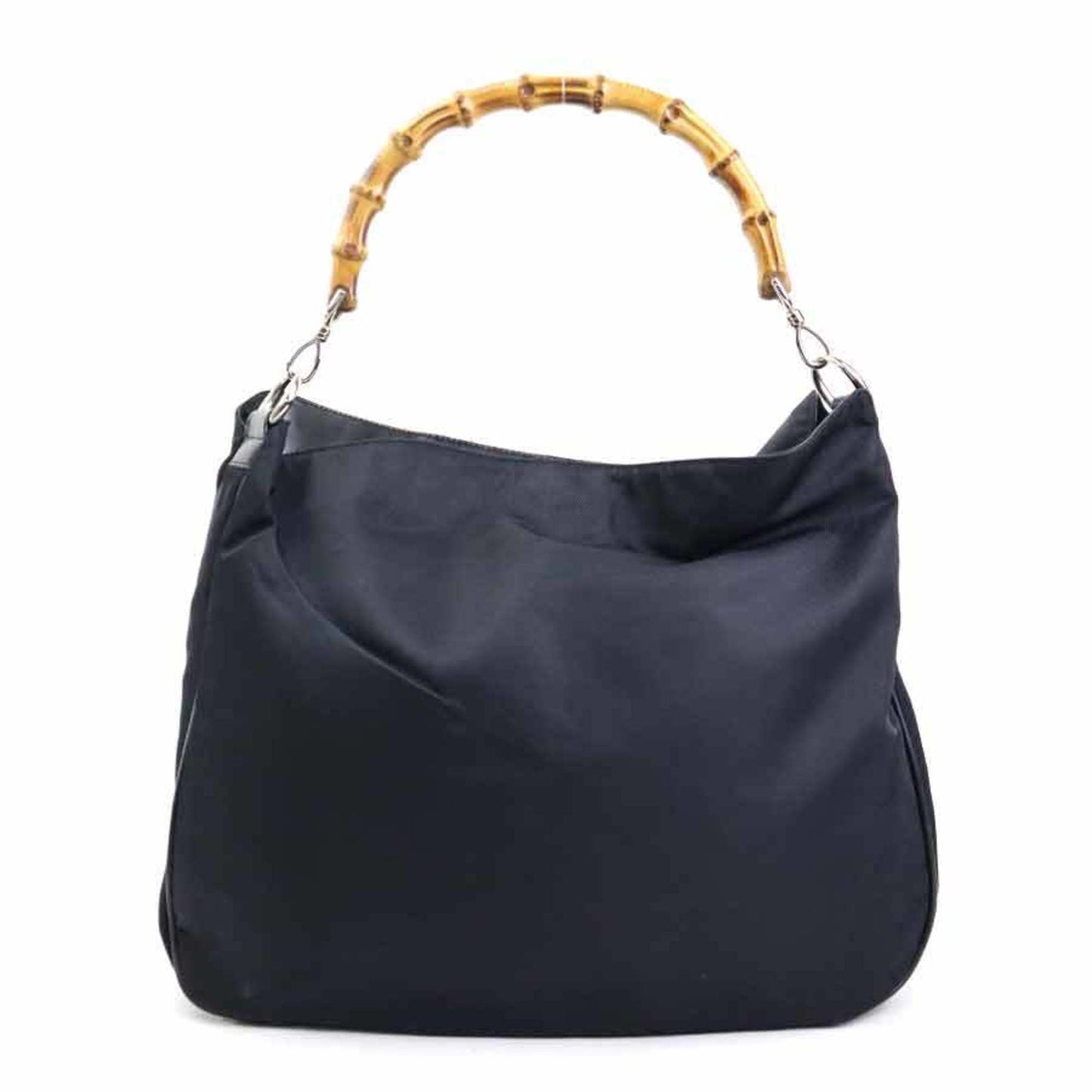 Gucci Shoulder Bag Bamboo Nylon Canvas Leather Black Silver
