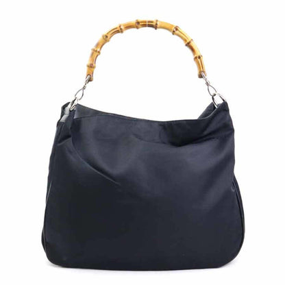 Gucci Shoulder Bag Bamboo Nylon Canvas Leather Black Silver