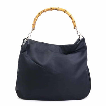 Gucci Shoulder Bag Bamboo Nylon Canvas Leather Black Silver