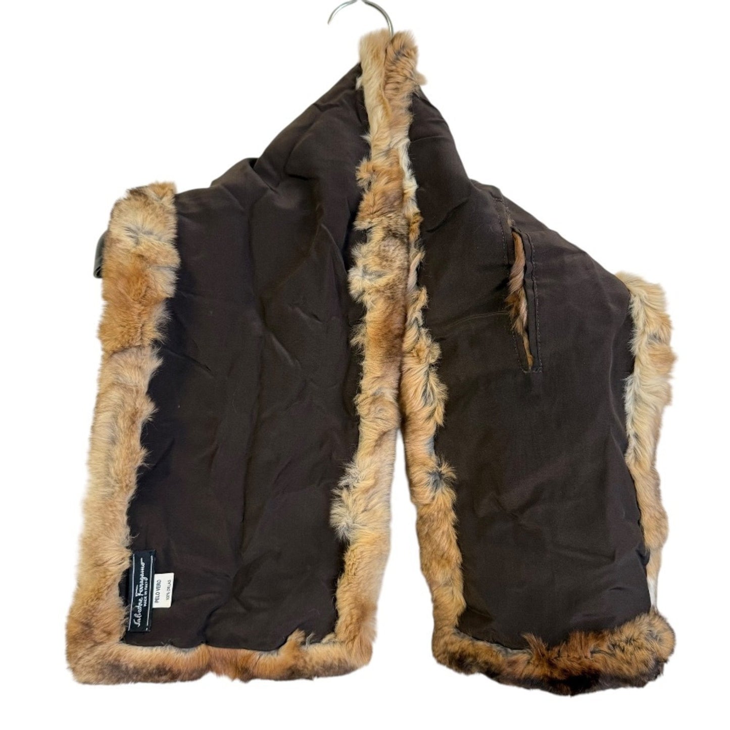 Salvatore Ferragamo 100% Silk Lining Fur Orirag Scarf Tippet Brown Beige