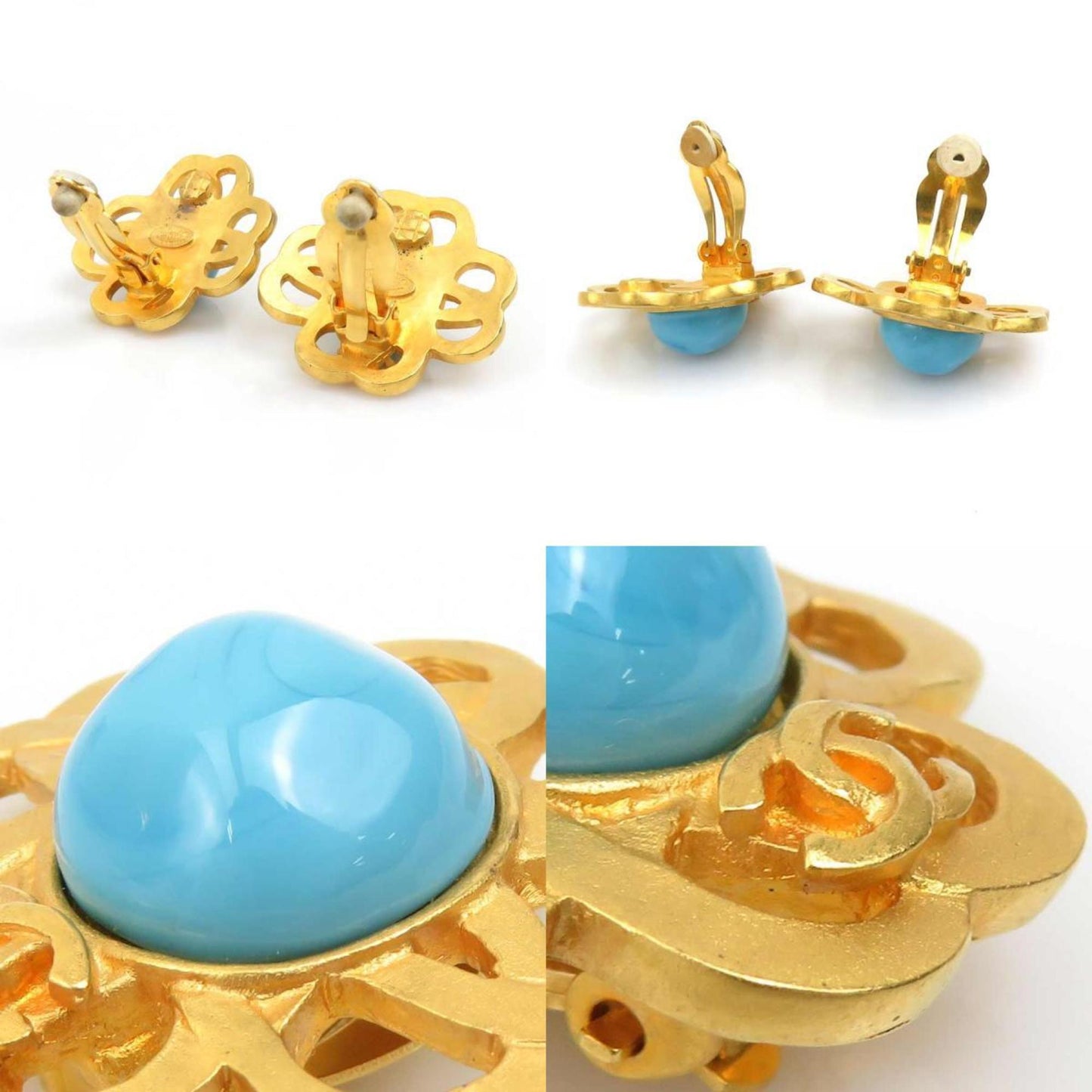 Chanel Coco Mark Metal Stone Earrings In Gold And Blue