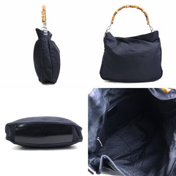 Gucci Shoulder Bag Bamboo Nylon Canvas Leather Black Silver