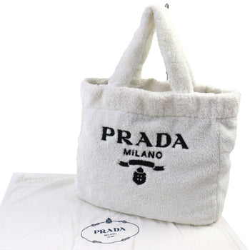 Prada Spugna 1Bg130 Polyester And Cowhide Leather Triangle Logo Soft Terry Lettering Pile Tote Bag