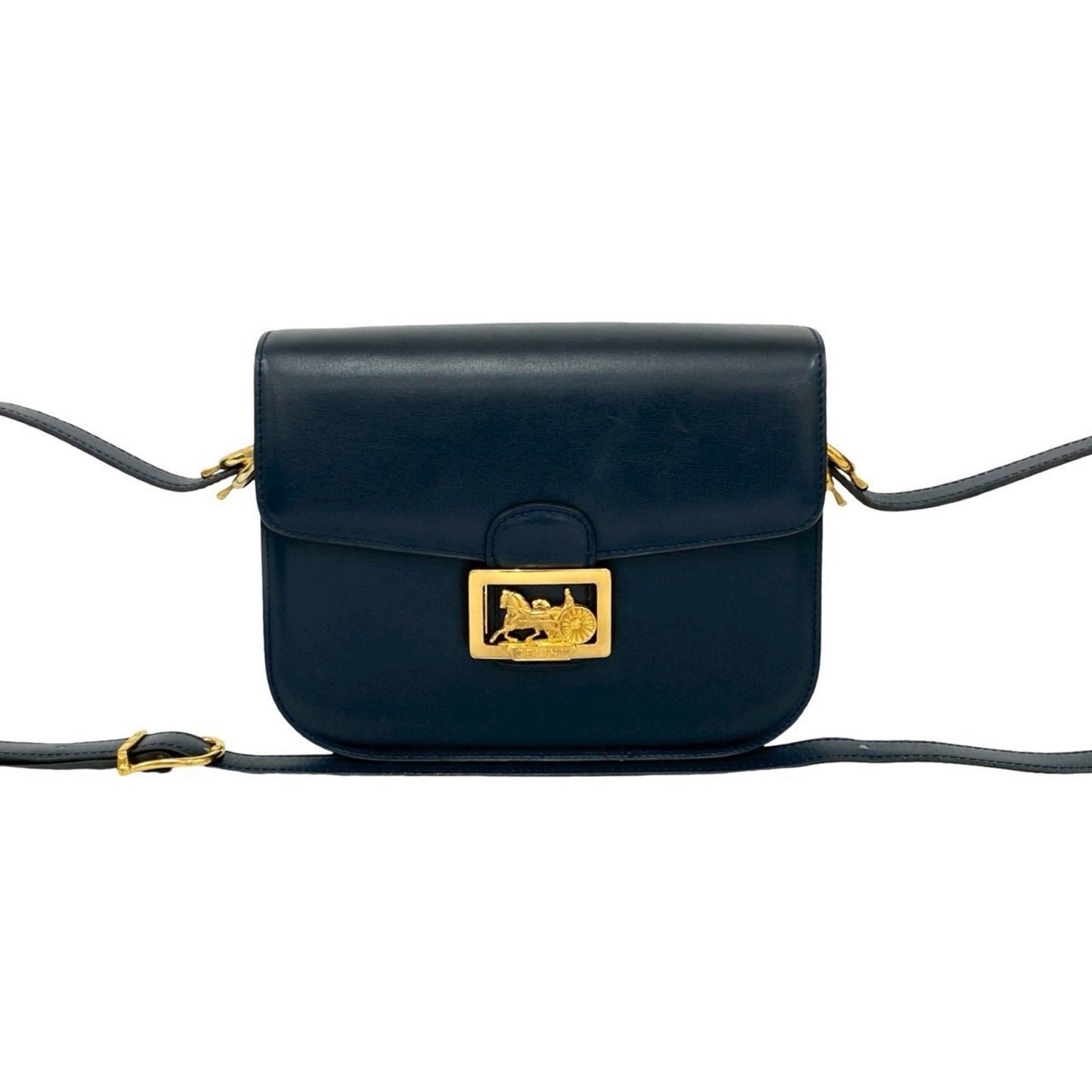 Celine Logo Horse-Drawn Carriage Calf Leather Shoulder Bag/Pochette/Sacoche In Navy 19090