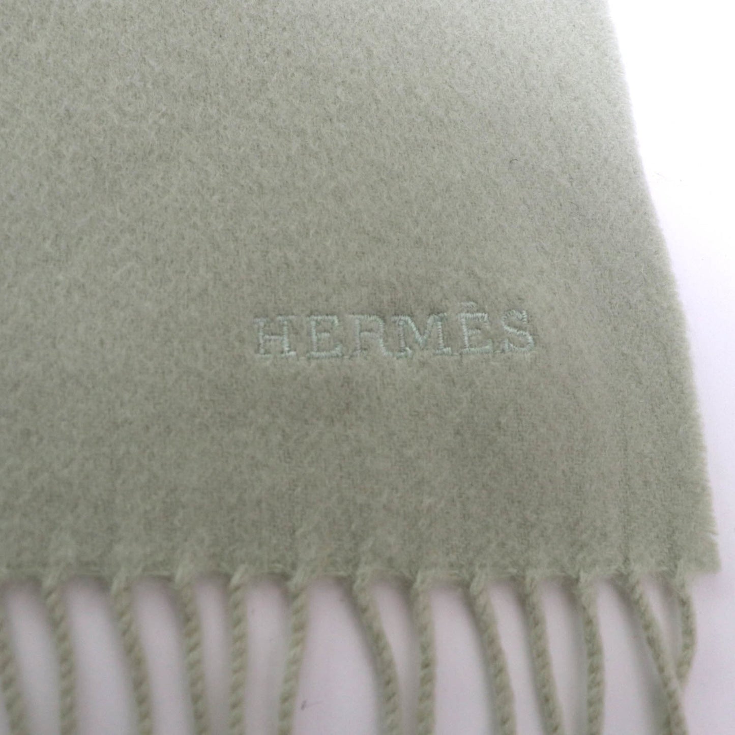 Hermes 100% Cashmere Stole/Shawl In Light Green With Embroidered Logo And Fringe