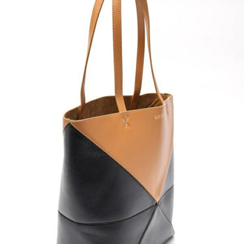 Loewe Puzzle Fold Tote Shiny Calf Leather Black Camel T-159146