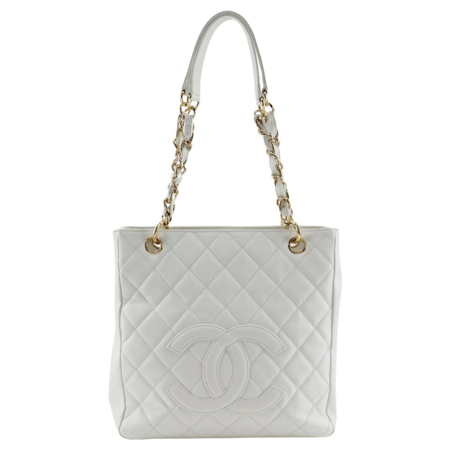 Chanel Pst Chain Tote Shoulder Bag Caviar Skin White A5 Snap Button