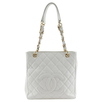 Chanel Pst Chain Tote Shoulder Bag Caviar Skin White A5 Snap Button