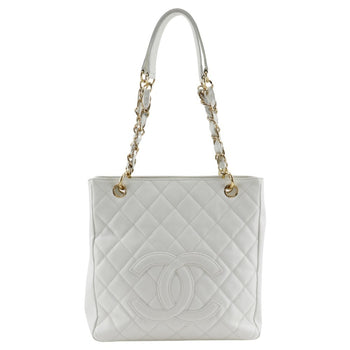 Chanel Pst Chain Tote Shoulder Bag Caviar Skin White A5 Snap Button