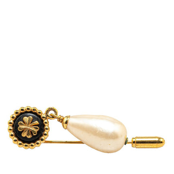 Chanel Clover Motif Faux Pearl Brooch Gold Plated