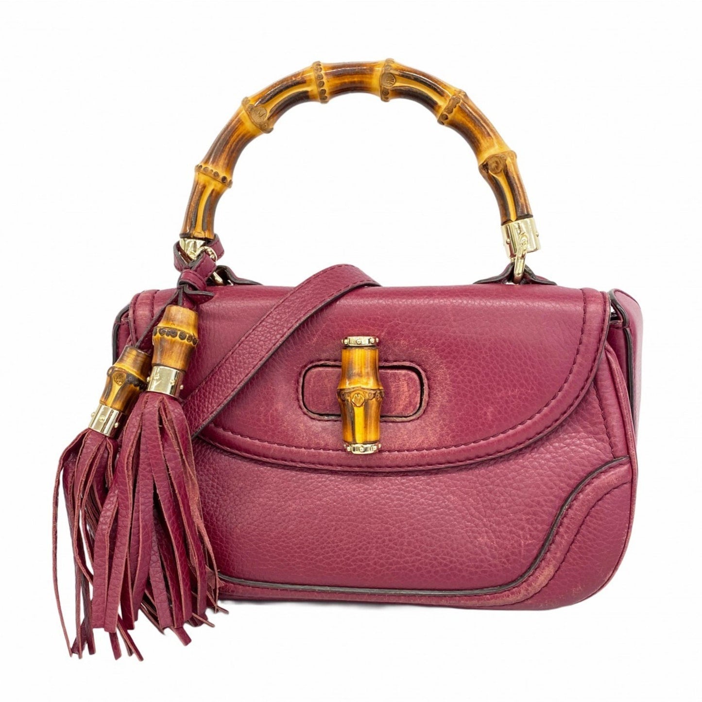 Gucci New Bamboo Handbag 254884 Leather Bordeaux Champagne 2-Way Bag