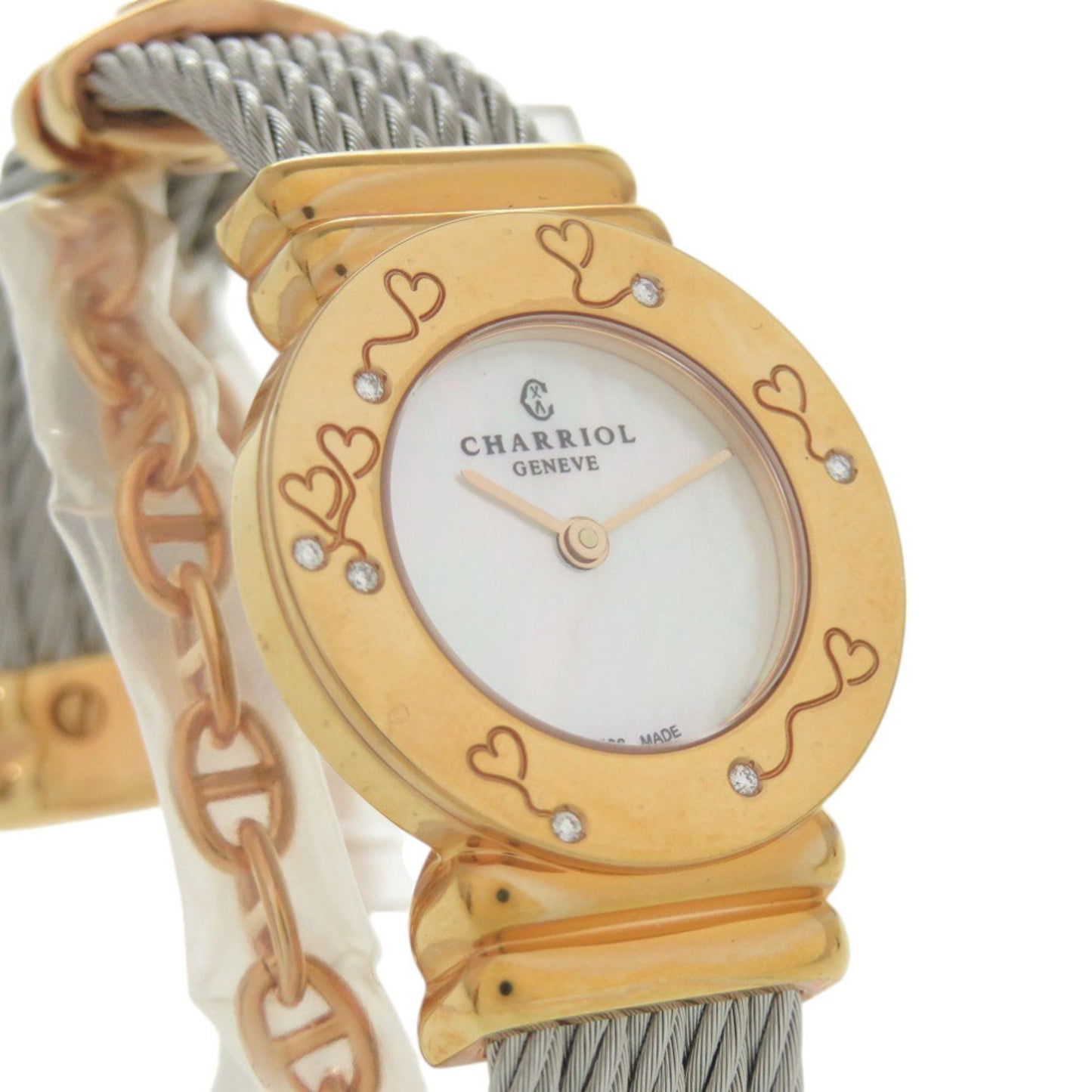 Unused Charriol Saint-Tropez 028Bhp.540.552 Stainless Steel White Shell Pink Gold Dial Quartz