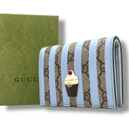 Gucci Gg Supreme Ice Cream Bifold Compact Wallet In Beige And Light Blue Leather