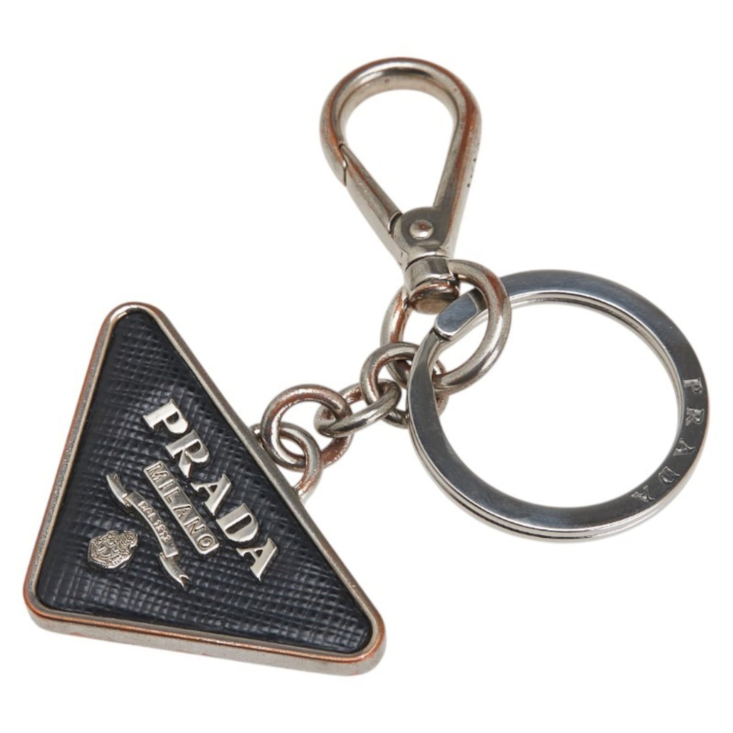 Prada Triangle Logo Plate Key Ring Keychain Silver Black Metal Leather