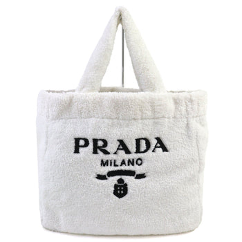 Prada Spugna 1Bg130 Polyester And Cowhide Leather Triangle Logo Soft Terry Lettering Pile Tote Bag