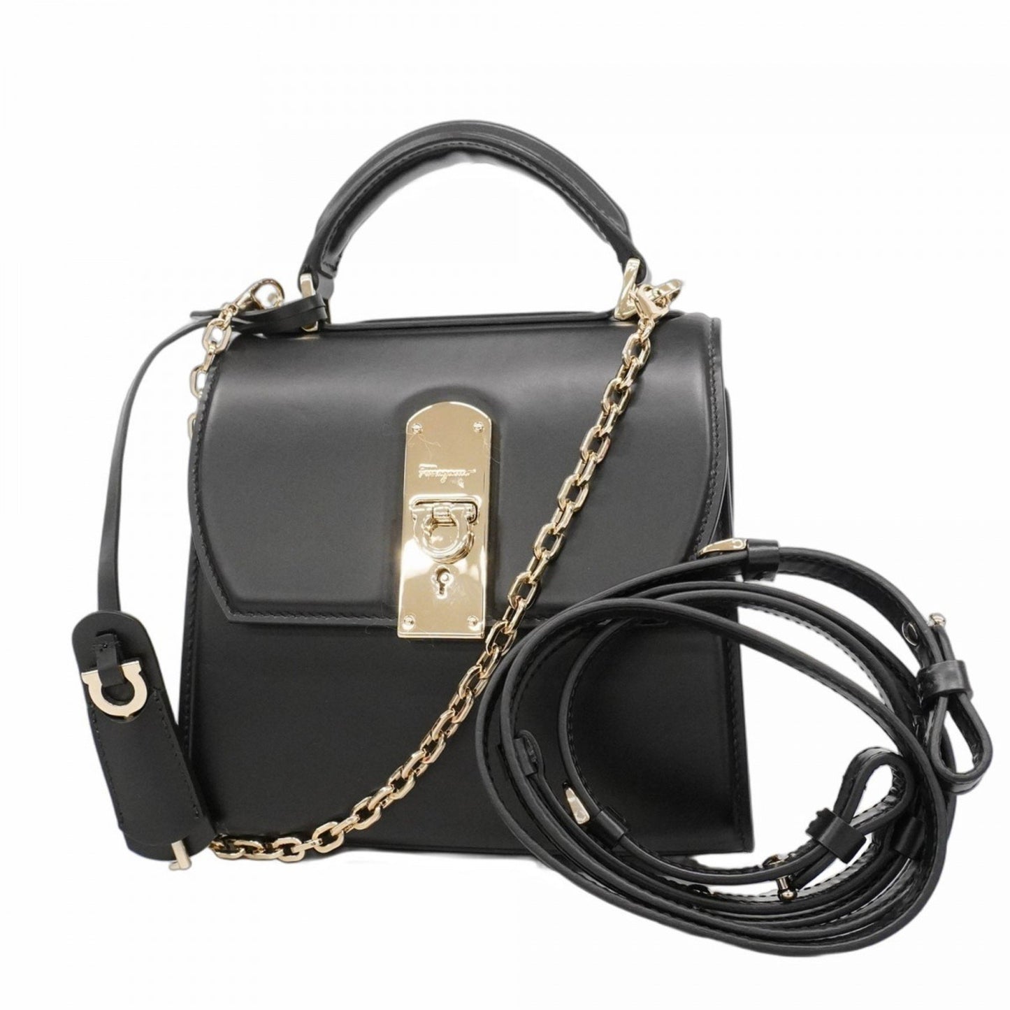 Salvatore Ferragamo Boxy Leather Handbag In Black And Champagne