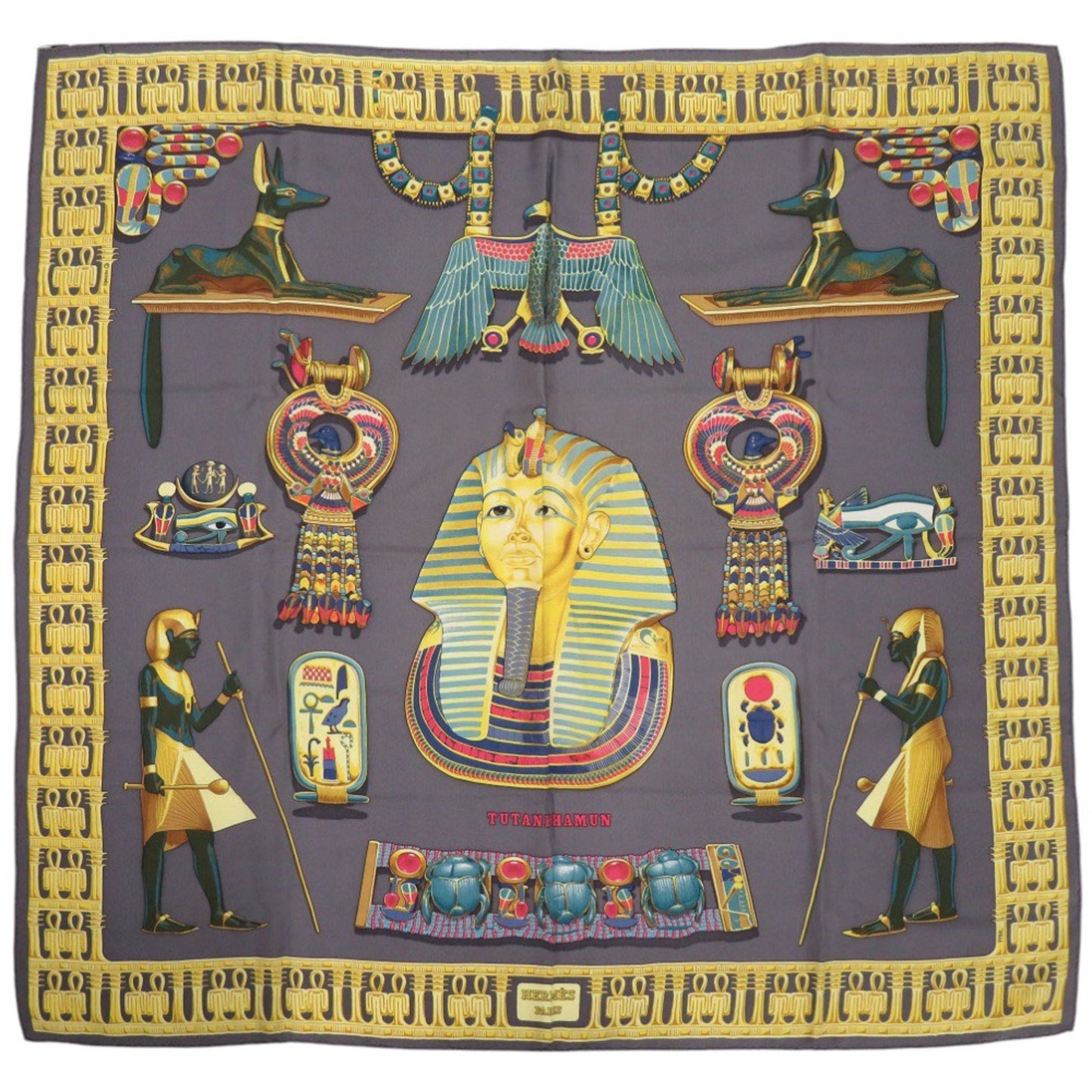 Hermes Carr 90 Tutankhamun Silk Gray Scarf Muffler 0123 Hermes