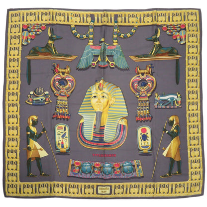 Hermes Carr 90 Tutankhamun Silk Gray Scarf Muffler 0123 Hermes