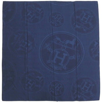 Like New Herms Carr 110 New Libris Cashmere Silk Blue Profon Scarf Muffler 1202Hermes