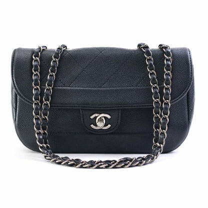Chanel Shoulder Bag Caviar Skin Leather Black Silver