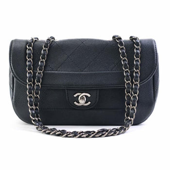 Chanel Shoulder Bag Caviar Skin Leather Black Silver