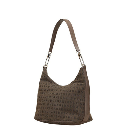 Bvlgari Logomania One-Shoulder Bag Handbag Brown Canvas Leather