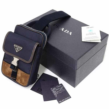 Prada Re-Nylon X Leather Smartphone Case/Shoulder Bag 2Zh194 F0C1B Blu+Caffe Navy/Dark Brown