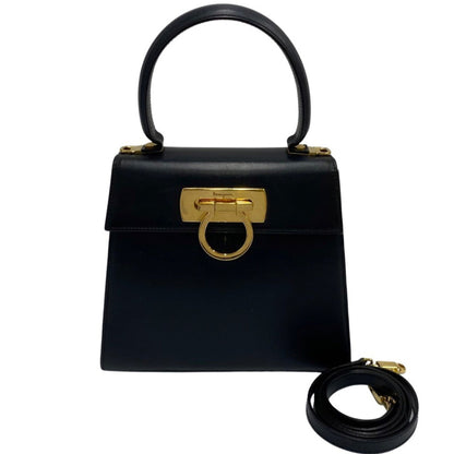 Salvatore Ferragamo Gancini Hardware Leather 2Way Shoulder Bag Handbag Navy