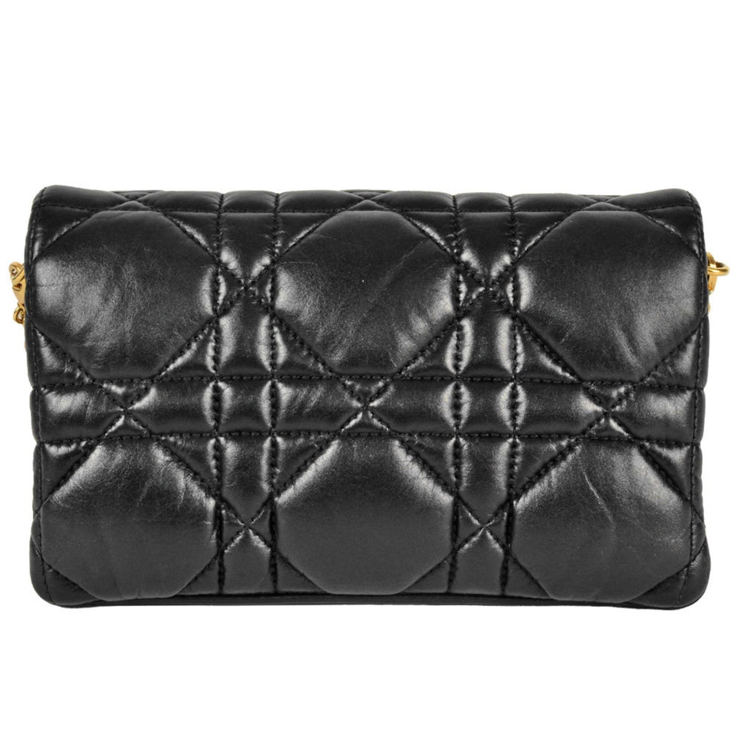 Christian Dior Dior Caro Macrocannage Chain Shoulder Wallet Leather Black