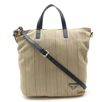 Prada Prada Tote Bag Handbag Shoulder Stripe Canvas Leather Beige Purchased At A Domestic Outlet