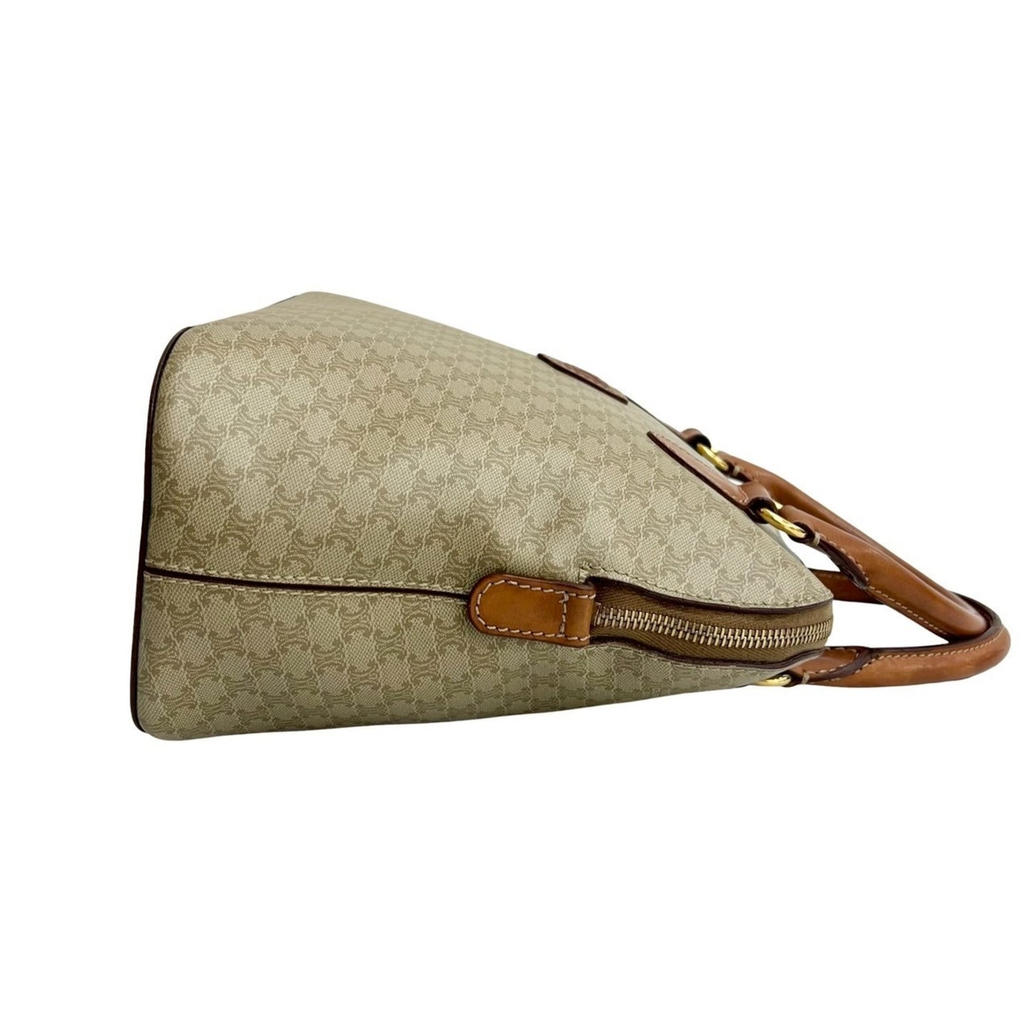 Celine Vintage Macadam Triomphe Logo Leather Handbag/Boston Bag In Beige