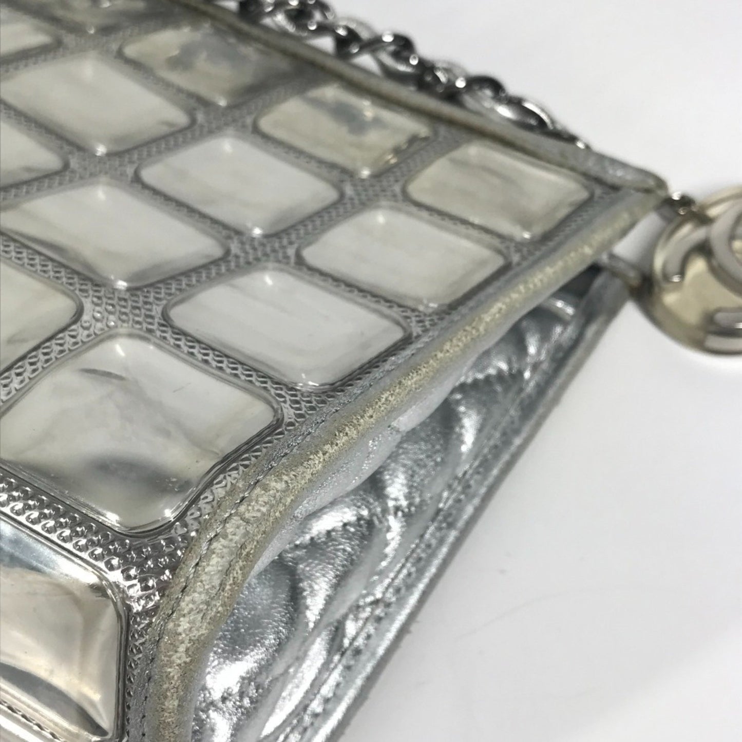 Chanel Cc Coco Mark Logo Ice Cube Chain Shoulder Bag In Silver Leather