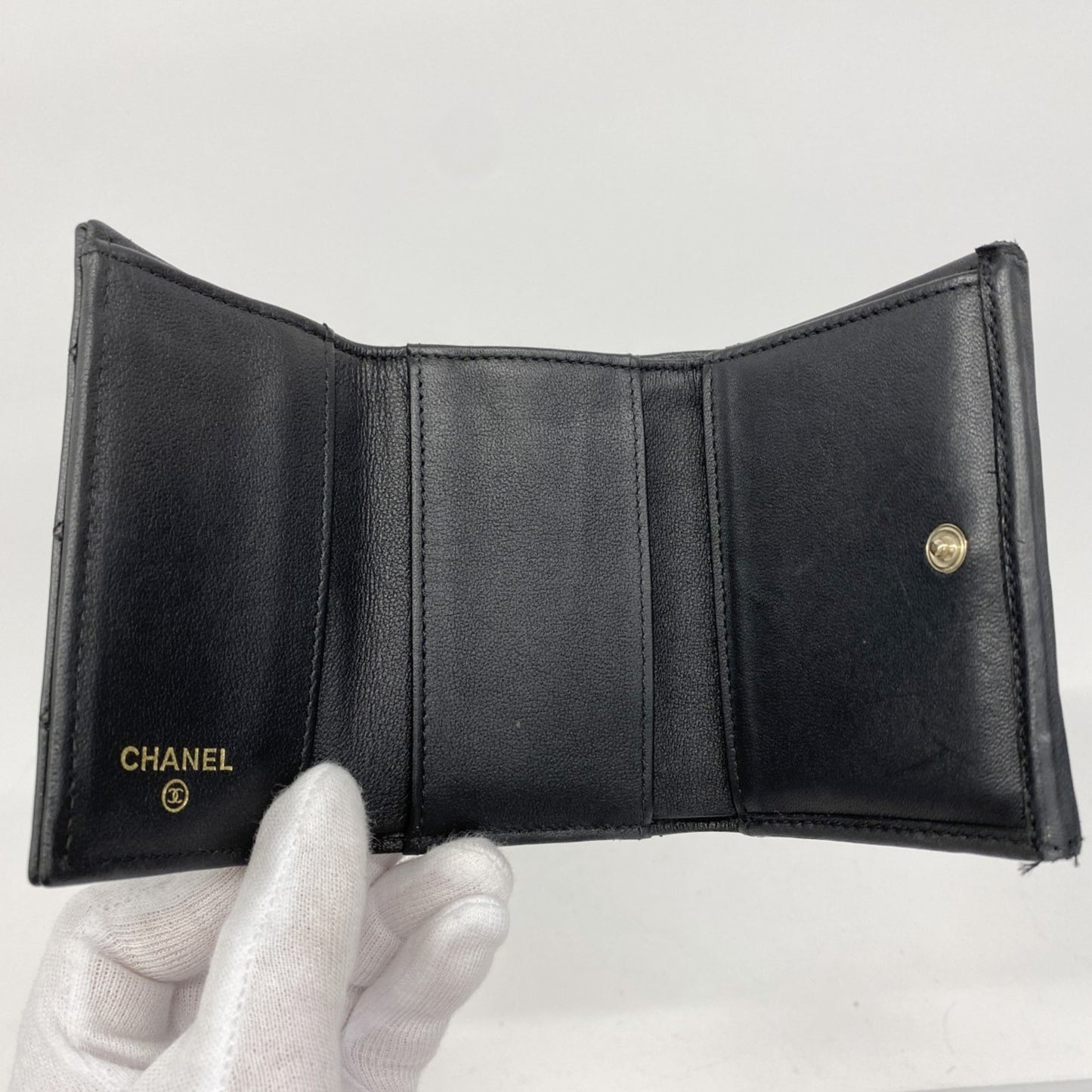 Chanel Matelasse Tri-Fold Wallet In Black Lambskin
