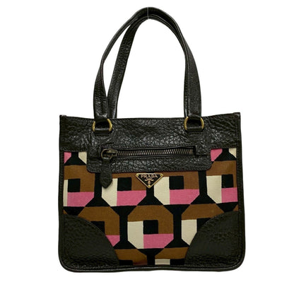 Prada Prada Triangle Logo Hardware Leather Genuine Canvas Handbag Mini Tote Bag Brown Multicolor
