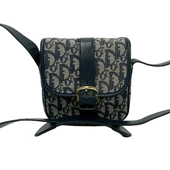 Christian Dior Trotter Pattern Leather Canvas Shoulder Bag Pochette Navy 34211