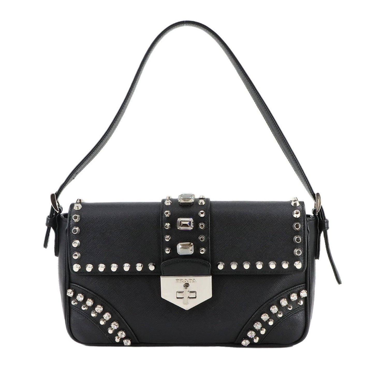 Prada Bejeweled Studded Shoulder Bag In Saffiano Leather (Black)