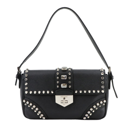 Prada Bejeweled Studded Shoulder Bag In Saffiano Leather (Black)