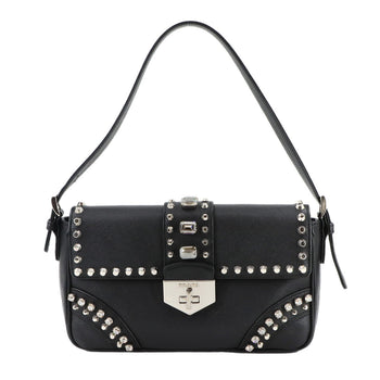 Prada Bejeweled Studded Shoulder Bag In Saffiano Leather (Black)