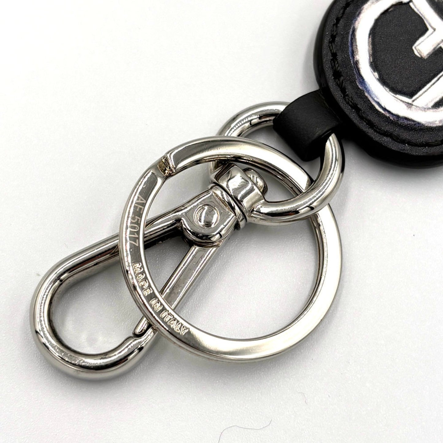 Fendi Key Motif Charm Keychain Black White Leather Bag Ring
