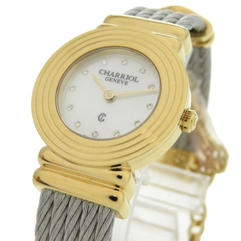Unused Charriol Saint-Tropez 12-Piece Diamond Stainless Steel Watch With White Shell And Gold Dial