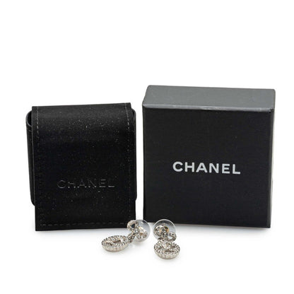 Chanel Coco Mark Ribbon Motif Rhinestone Stud Earrings In Silver Metal