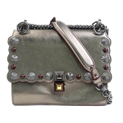 Fendi Shoulder Bag Canai Leather Metallic Gray Gold