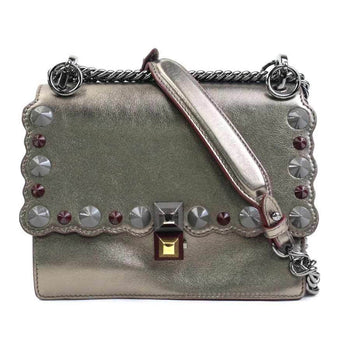 Fendi Shoulder Bag Canai Leather Metallic Gray Gold