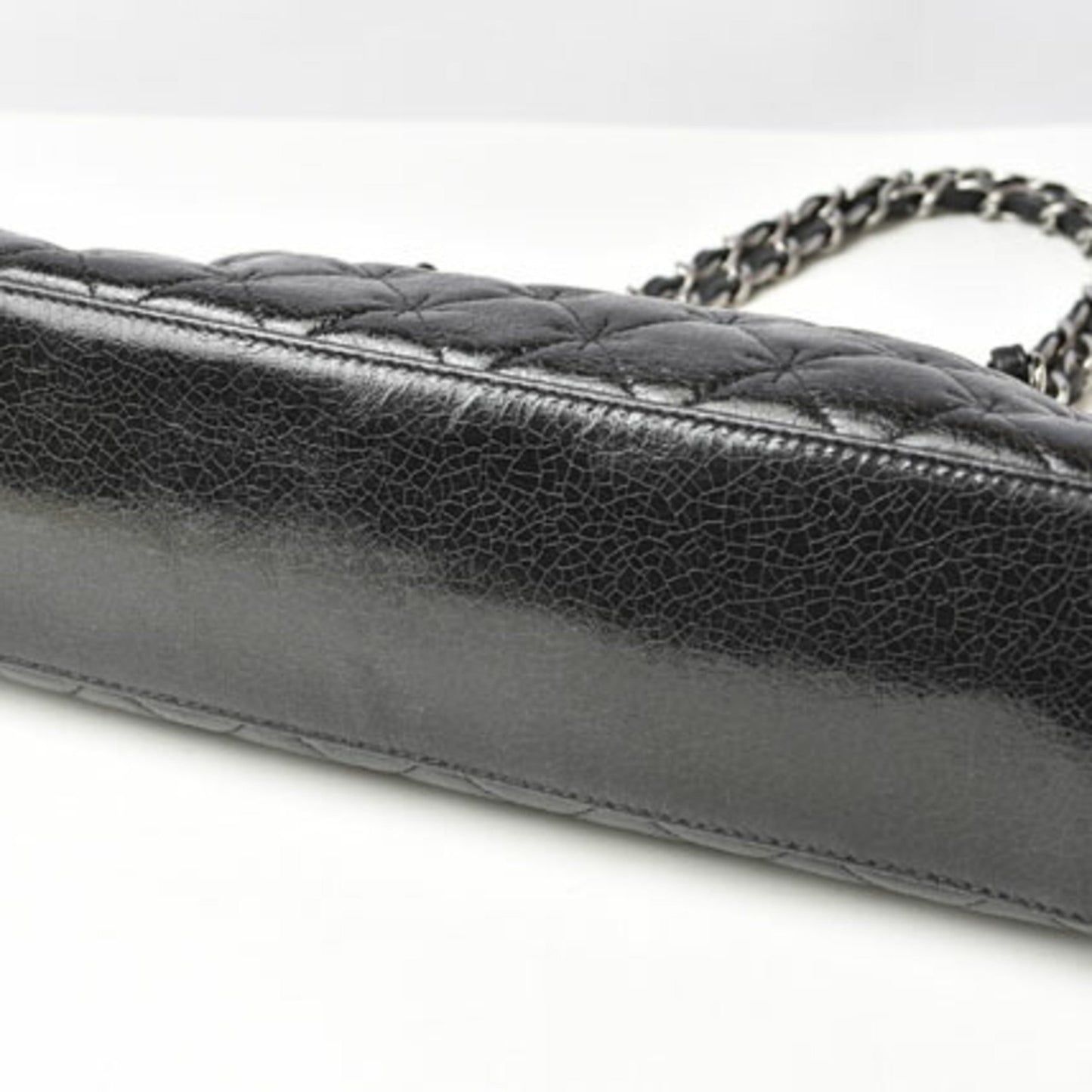 Chanel Tote Bag Chain Patent Leather Quilted Stitch Black