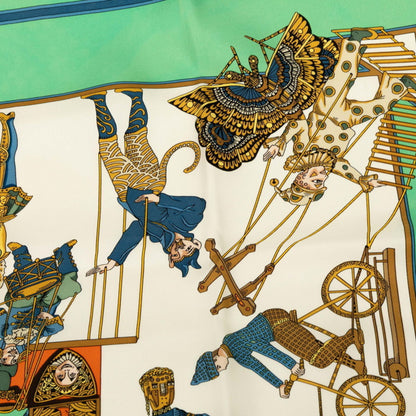 Hermes Herms Carr 90 "Le Temps Des Marionnettes" Marionette Time Scarf/Muffler In Green