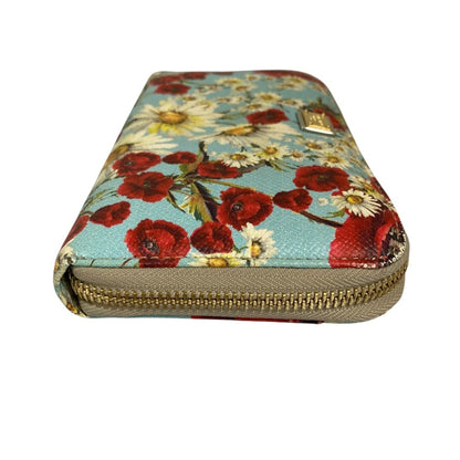 Dolce & Gabbana Floral Print Round Zip Long Wallet In Light Blue