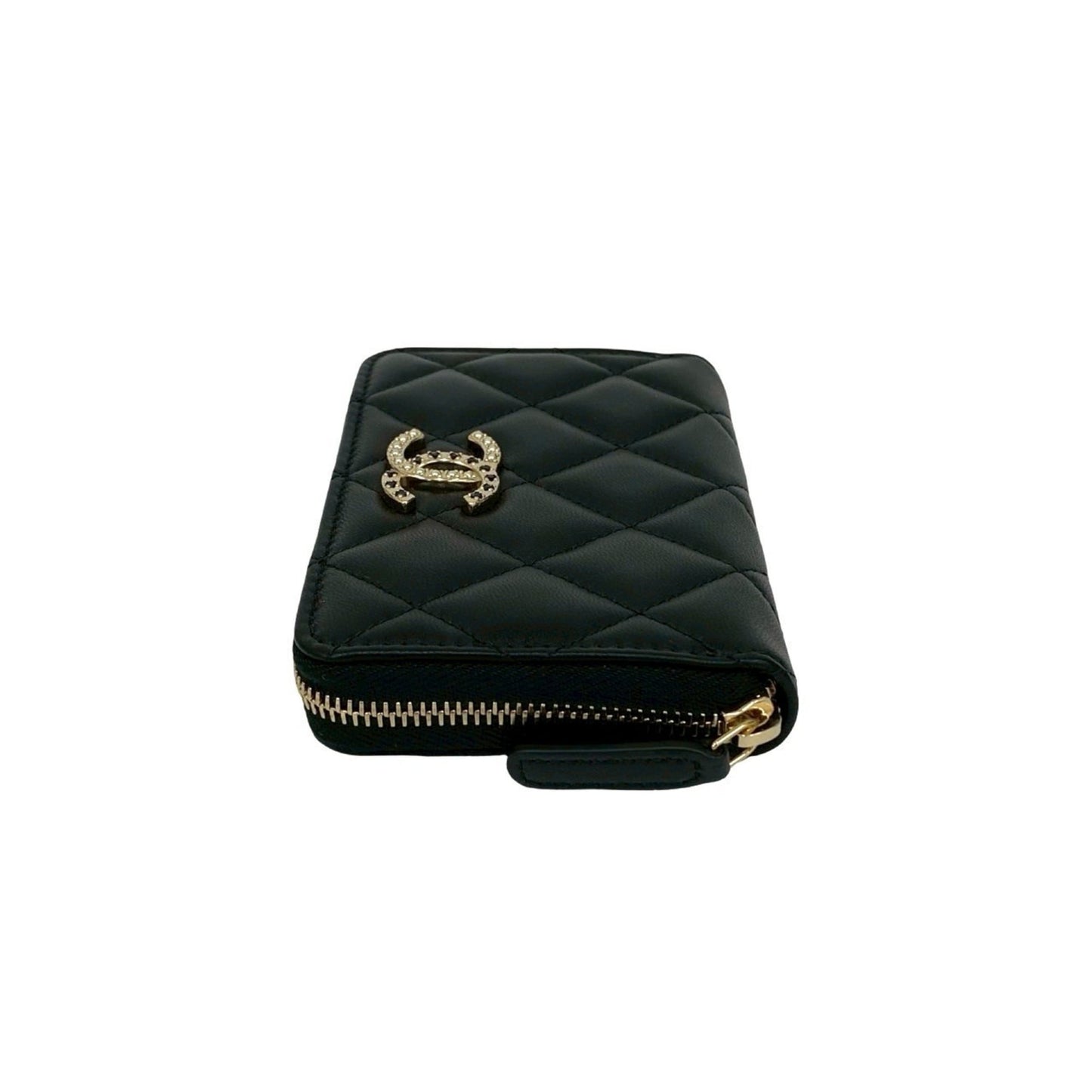 Unused Chanel Matelasse Coco Mark Rhinestone Lambskin Coin Case Wallet Black 21588